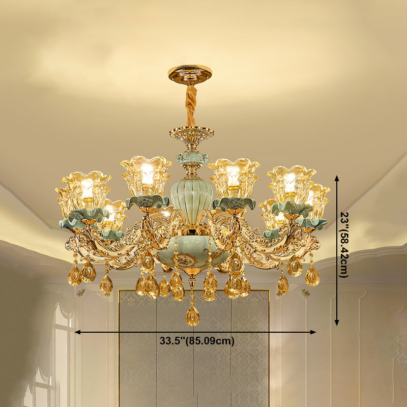 European Style Chandelier Metal Flower Shape Hanging Light with Crystal for Bedroom