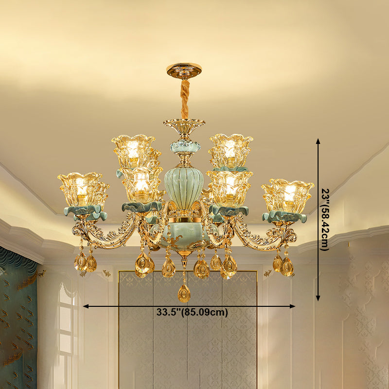 European Style Chandelier Metal Flower Shape Hanging Light with Crystal for Bedroom