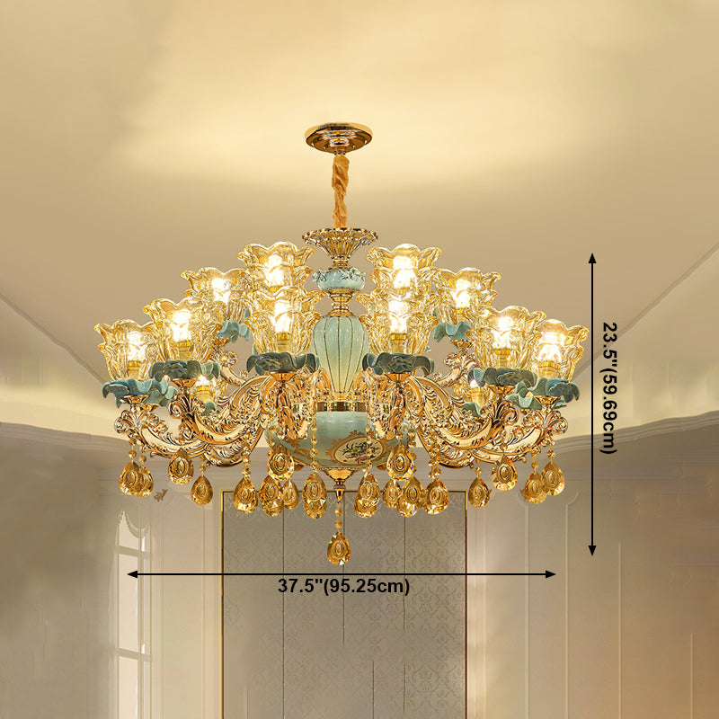 European Style Chandelier Metal Flower Shape Hanging Light with Crystal for Bedroom