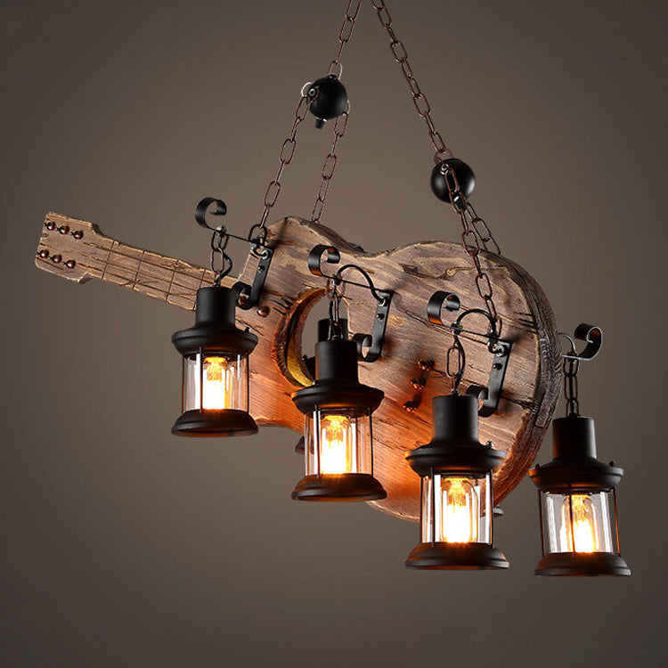 Guitar Chandelier Lighting Rustic Style Wooden Cafe Bar Pendant Light with Glass Kerosene Lantern