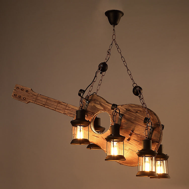 Guitar Chandelier Lighting Rustic Style Wooden Cafe Bar Pendant Light with Glass Kerosene Lantern