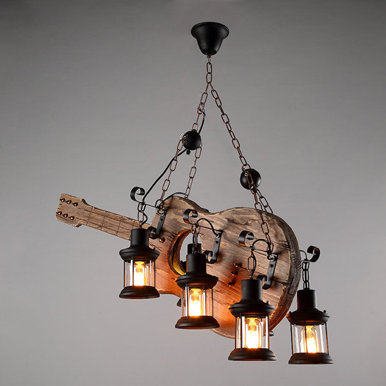 Guitar Chandelier Lighting Rustic Style Wooden Cafe Bar Pendant Light with Glass Kerosene Lantern