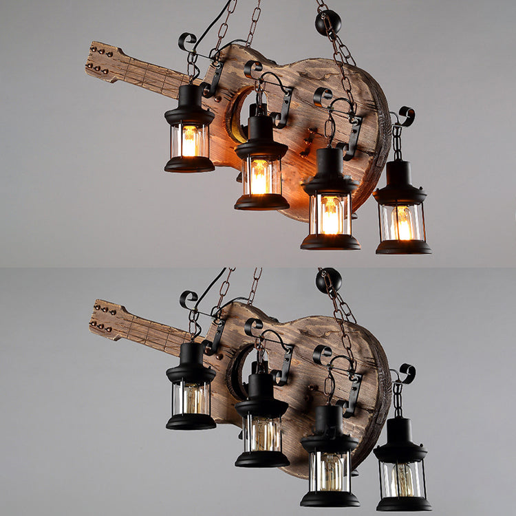 Guitar Chandelier Lighting Rustic Style Wooden Cafe Bar Pendant Light with Glass Kerosene Lantern