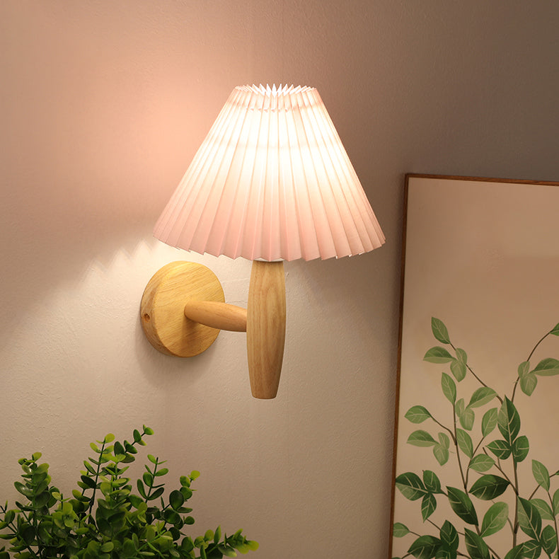 Flared Wall Mounted Light Fixture Simple Wood Bedroom Wall Sconce with Fabric Shade