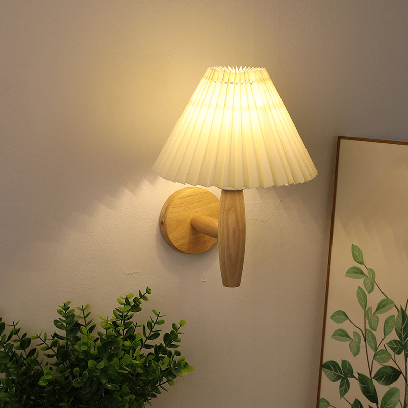 Flared Wall Mounted Light Fixture Simple Wood Bedroom Wall Sconce with Fabric Shade