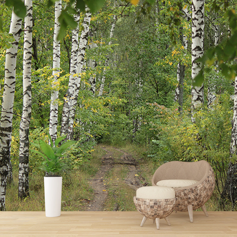 Green Forest Mural Wallpaper Water Resistant Wall Covering for Reading Room