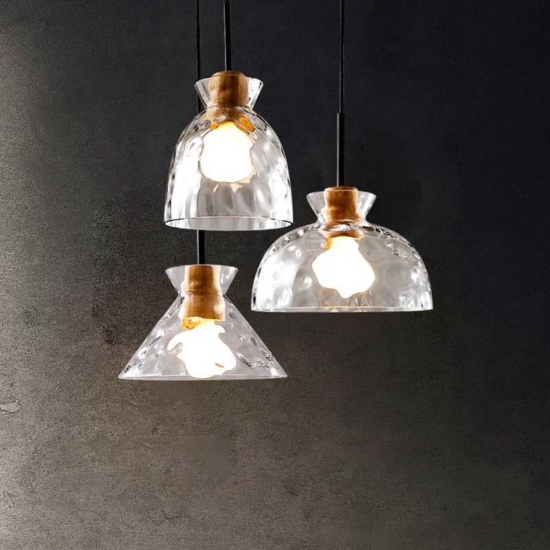 Ripple Glass Black Hanging Lamp in Modern Artistic Style Wooden Geometric Pendant Light