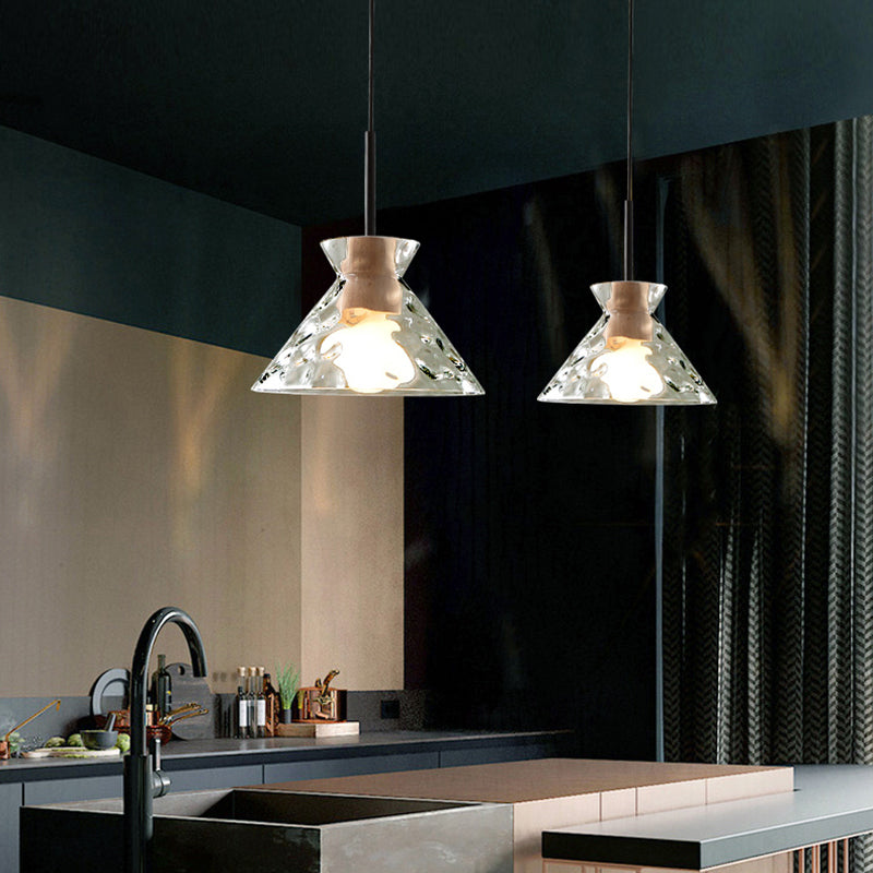 Ripple Glass Black Hanging Lamp in Modern Artistic Style Wooden Geometric Pendant Light
