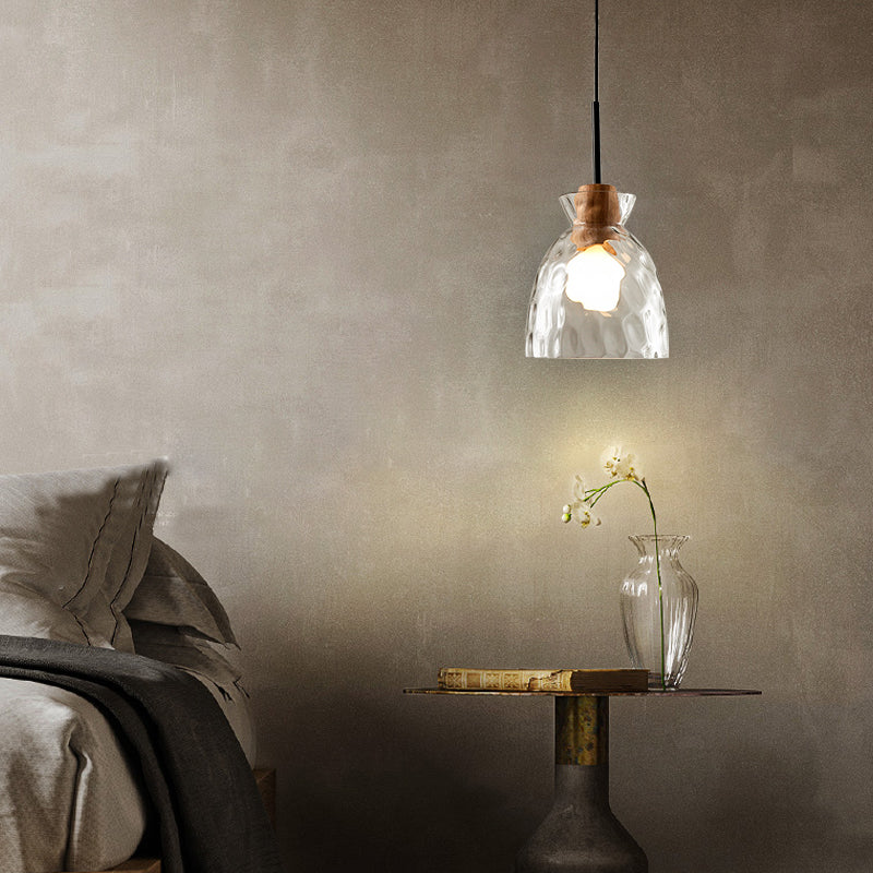 Ripple Glass Black Hanging Lamp in Modern Artistic Style Wooden Geometric Pendant Light