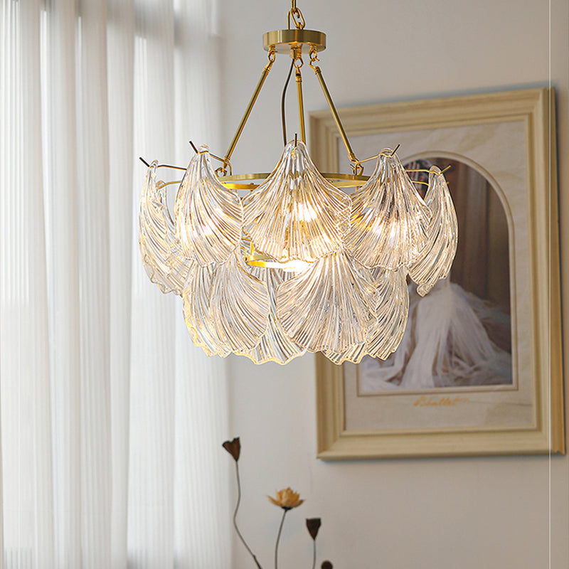 American Shell Chandelier Glass Multi Light Hanging Light in Gold for Bedroom