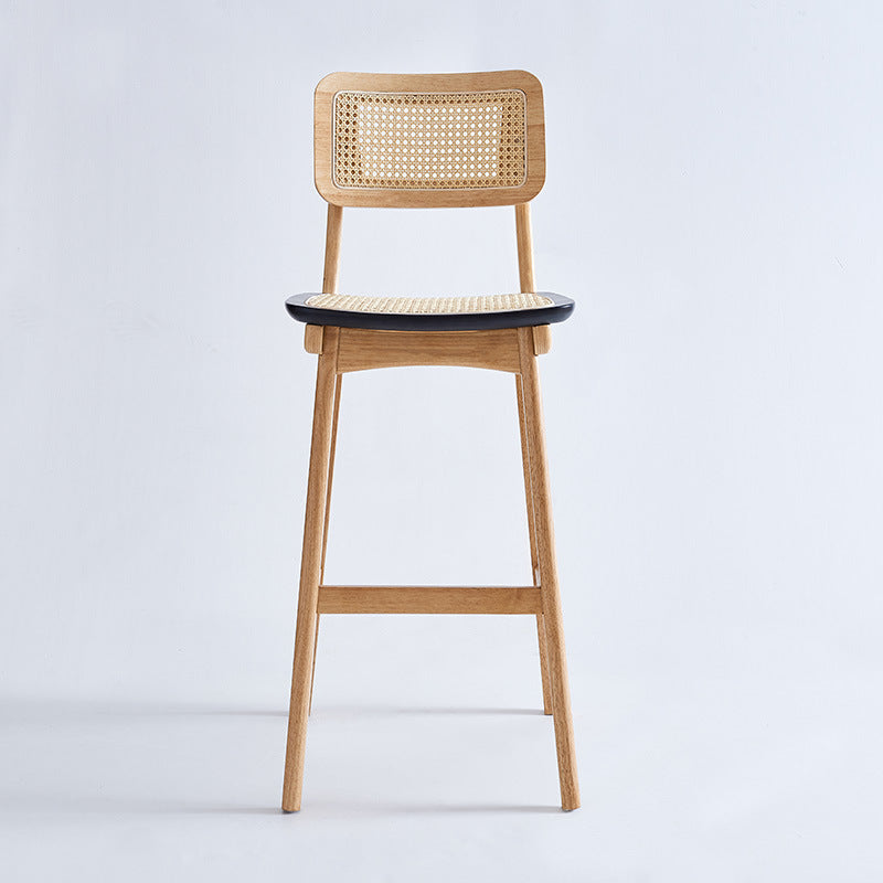 Taburete de bar cuadrado moderno de ratán, reposapiés interior, mostrador trasero bajo con patas de madera