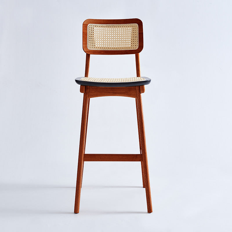 Taburete de bar cuadrado moderno de ratán, reposapiés interior, mostrador trasero bajo con patas de madera
