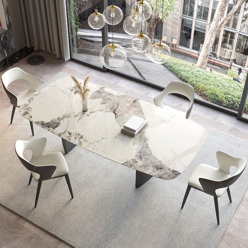 Mesa de comedor contemporánea rectángulo mesa de piedra sinterizada blanca con base de metal negro