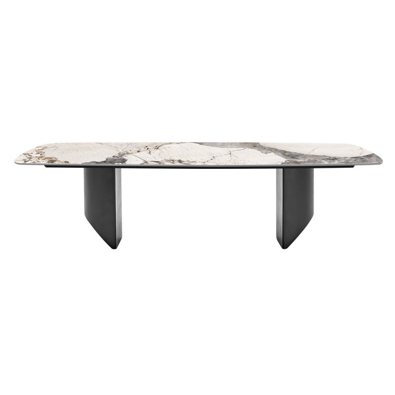 Mesa de comedor contemporánea rectángulo mesa de piedra sinterizada blanca con base de metal negro