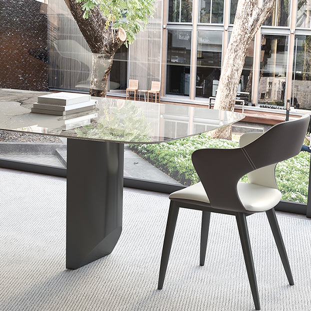 Mesa de comedor contemporánea rectángulo mesa de piedra sinterizada blanca con base de metal negro