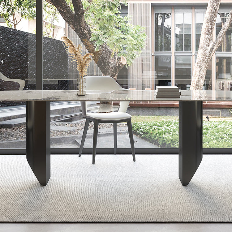 Mesa de comedor contemporánea rectángulo mesa de piedra sinterizada blanca con base de metal negro