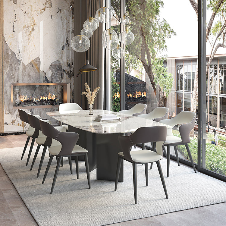 Mesa de comedor contemporánea rectángulo mesa de piedra sinterizada blanca con base de metal negro