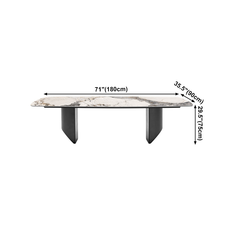 Mesa de comedor contemporánea rectángulo mesa de piedra sinterizada blanca con base de metal negro