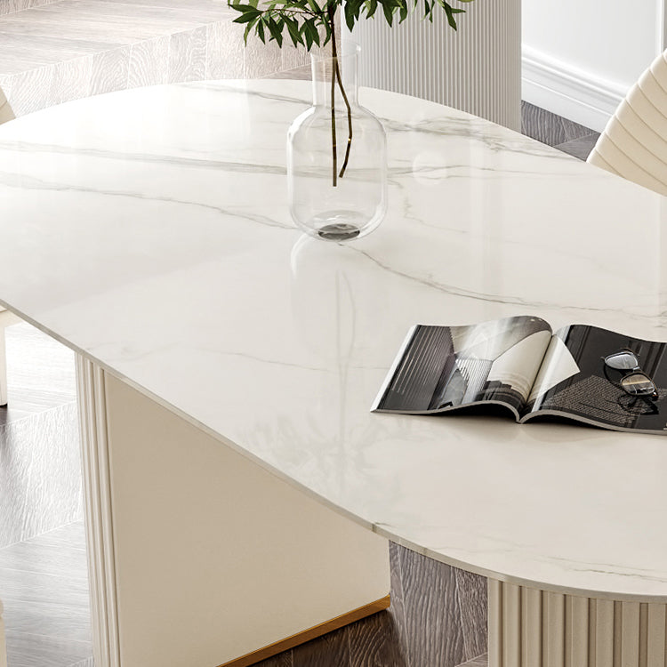 Oval Traditional Luxury Dining Table White Sintered Stone Table with White Double Pedestal