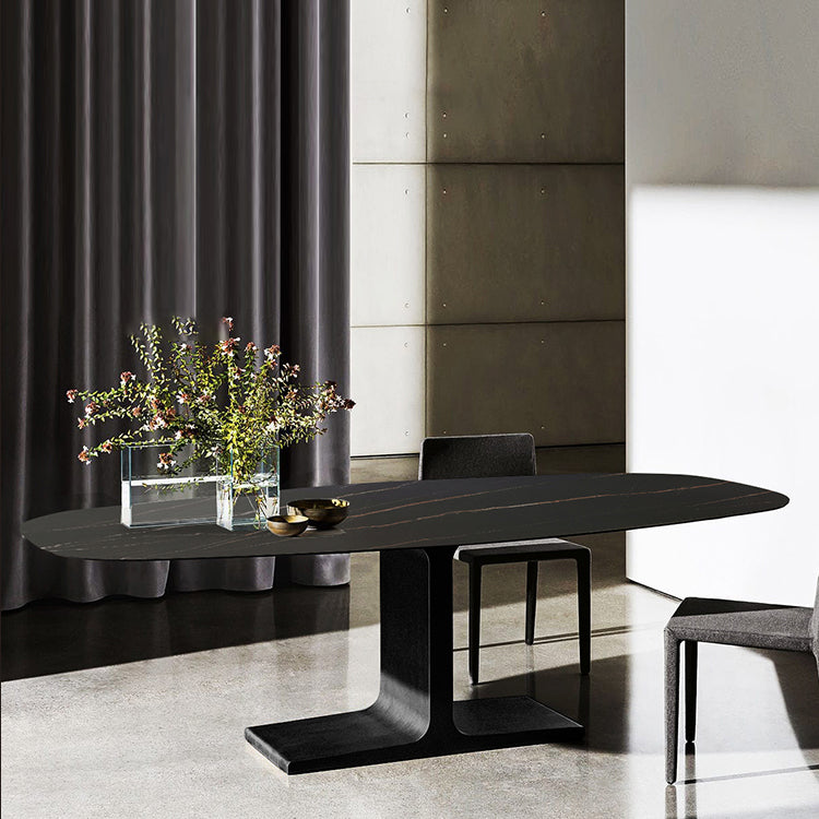 Ovale moderne eettafel Zwart gesinterde stenen tafel met voetstuk