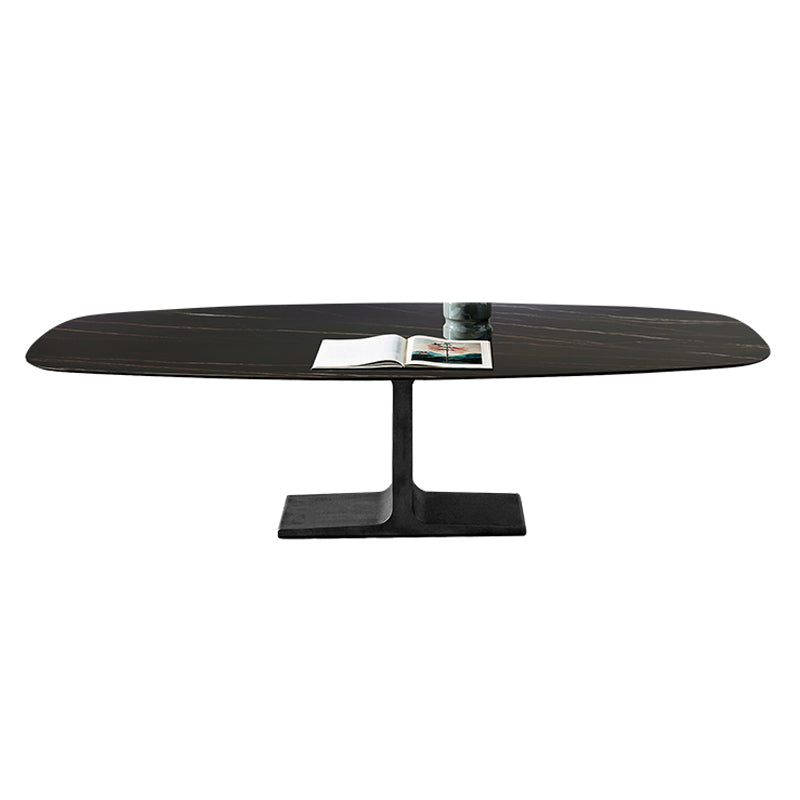 Ovale moderne eettafel Zwart gesinterde stenen tafel met voetstuk