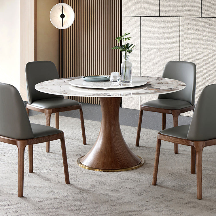 Modern Sintered Stone Dining Table Round Table with Wooden Pedestal for Restaurant