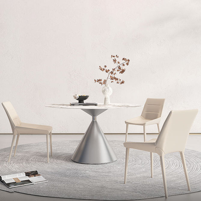 Sintered Stone Top Dining Table in White for Restaurant Modern Round Table with Metal Pedestal