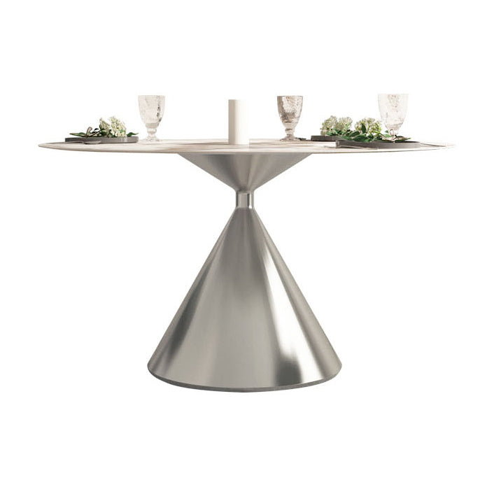 Sintered Stone Top Dining Table in White for Restaurant Modern Round Table with Metal Pedestal