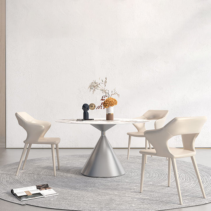Sintered Stone Top Dining Table in White for Restaurant Modern Round Table with Metal Pedestal