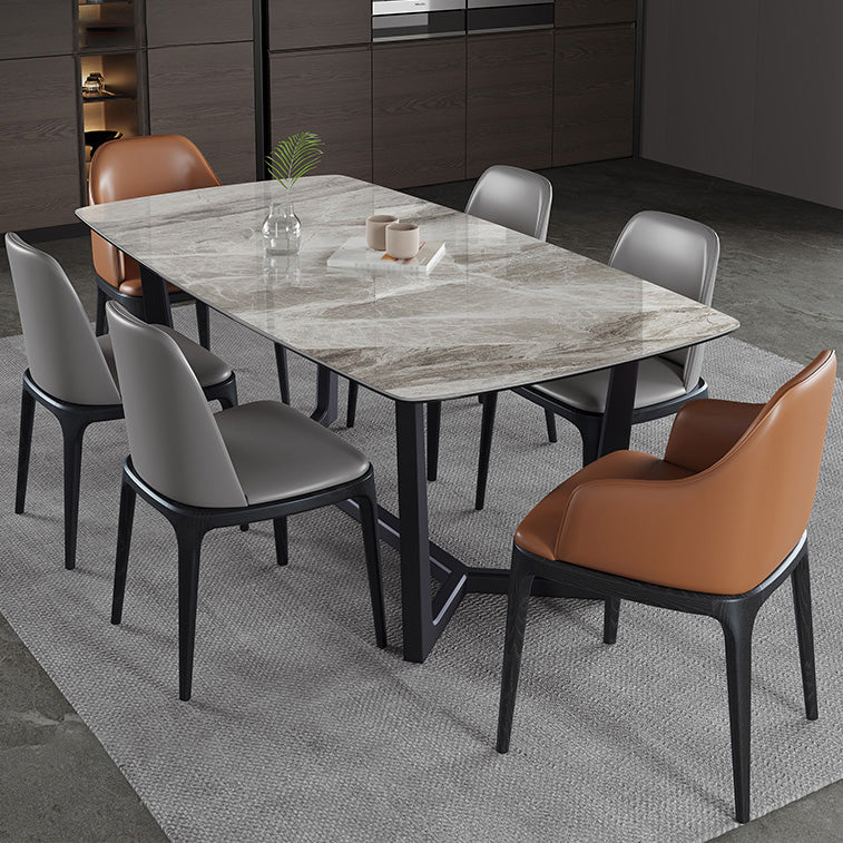 Mesa industrial rectangular con base de caballete, mesa fija en tono gris con piedra sinterizada