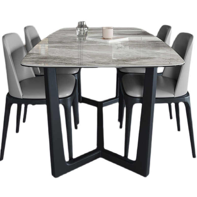 Mesa industrial rectangular con base de caballete, mesa fija en tono gris con piedra sinterizada