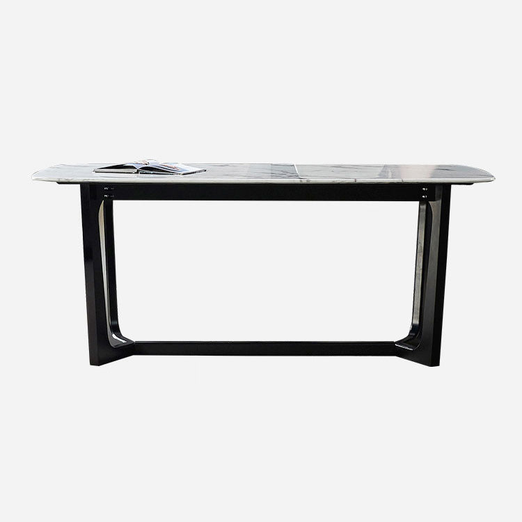 Mesa industrial rectangular con base de caballete, mesa fija en tono gris con piedra sinterizada