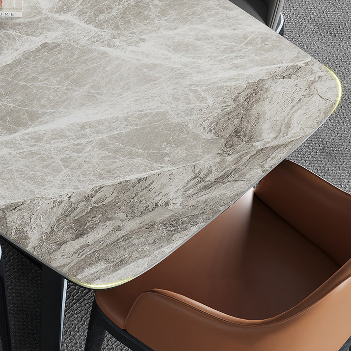 Mesa industrial rectangular con base de caballete, mesa fija en tono gris con piedra sinterizada