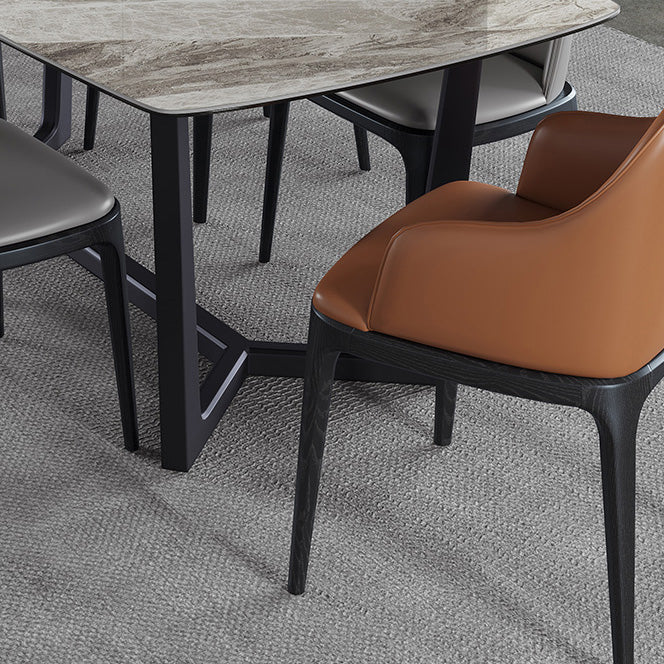 Mesa industrial rectangular con base de caballete, mesa fija en tono gris con piedra sinterizada