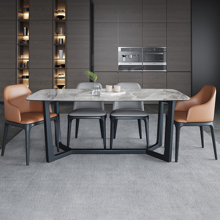 Mesa industrial rectangular con base de caballete, mesa fija en tono gris con piedra sinterizada