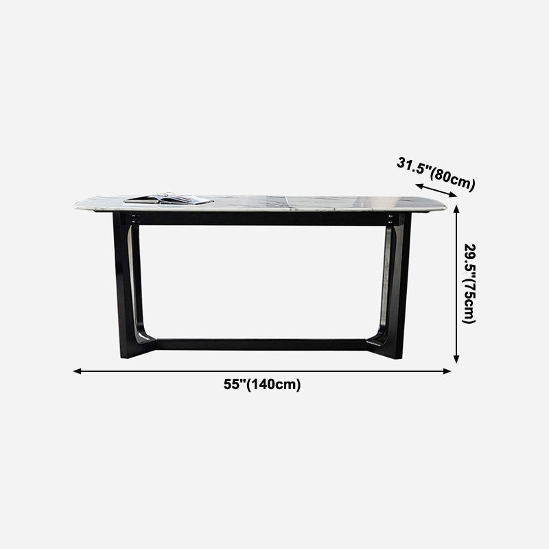 Mesa industrial rectangular con base de caballete, mesa fija en tono gris con piedra sinterizada
