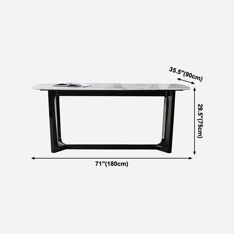 Mesa industrial rectangular con base de caballete, mesa fija en tono gris con piedra sinterizada