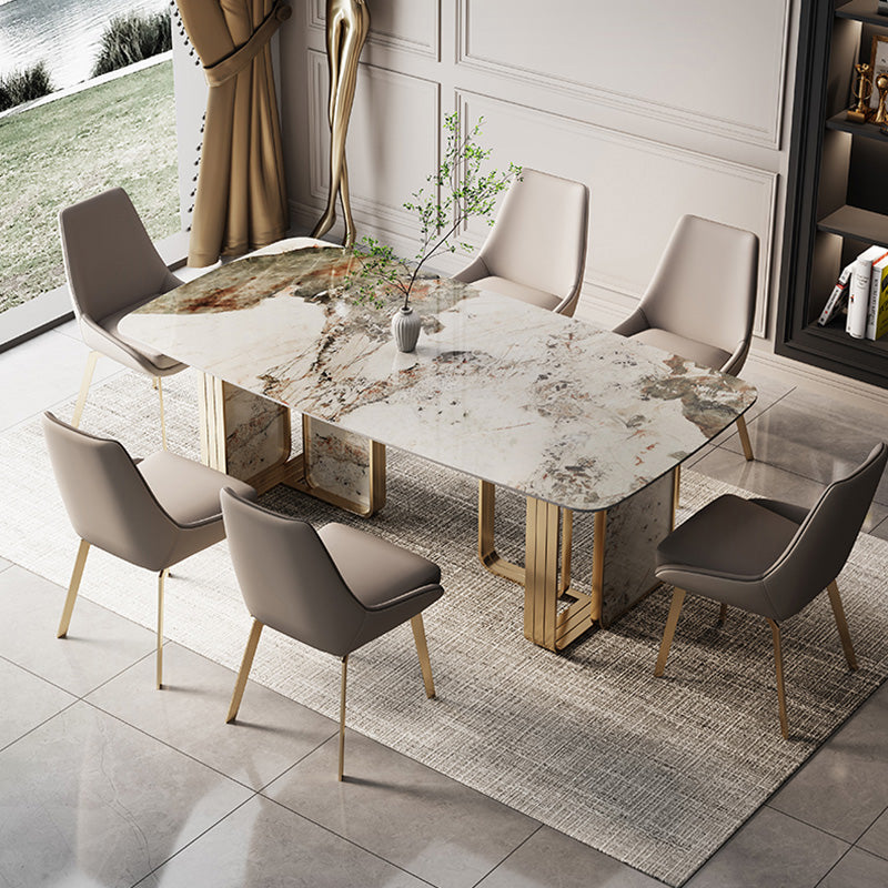 Luxury Style Sintered Stone Dining Table Double Pedestal Base Rectangle Table