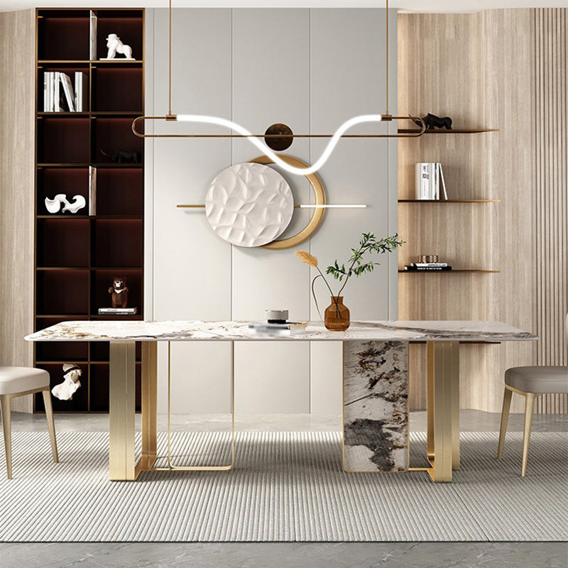 Luxury Style Sintered Stone Dining Table Double Pedestal Base Rectangle Table