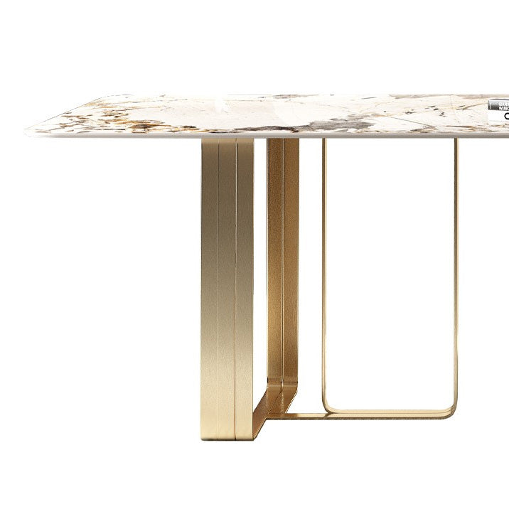 Luxury Style Sintered Stone Dining Table Double Pedestal Base Rectangle Table