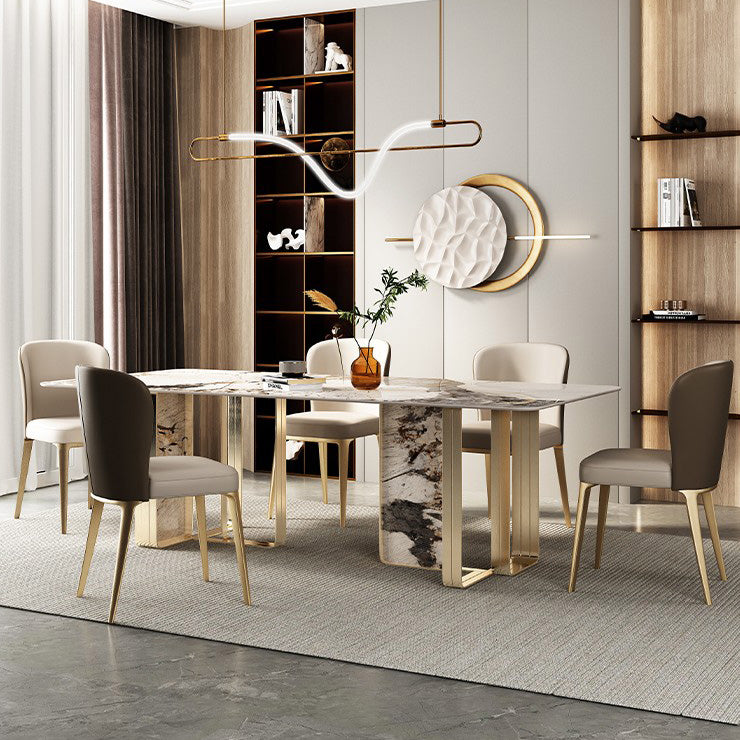 Luxury Style Sintered Stone Dining Table Double Pedestal Base Rectangle Table