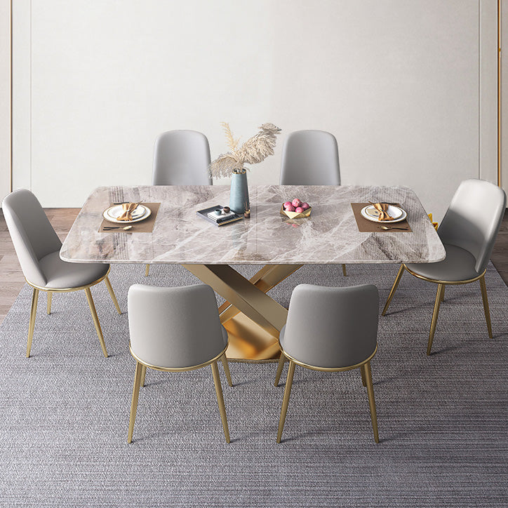 Mesa de comedor de lujo tradicional rectángulo mesa de piedra sinterizada gris con base de pedestal dorado