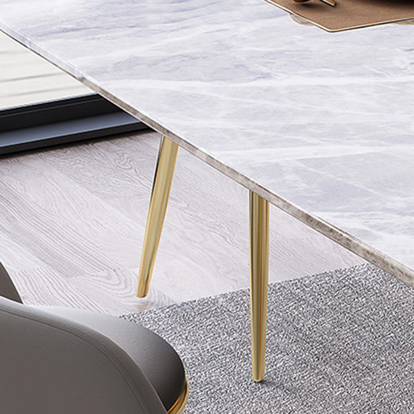 Mesa de comedor de lujo tradicional rectángulo mesa de piedra sinterizada gris con base de pedestal dorado
