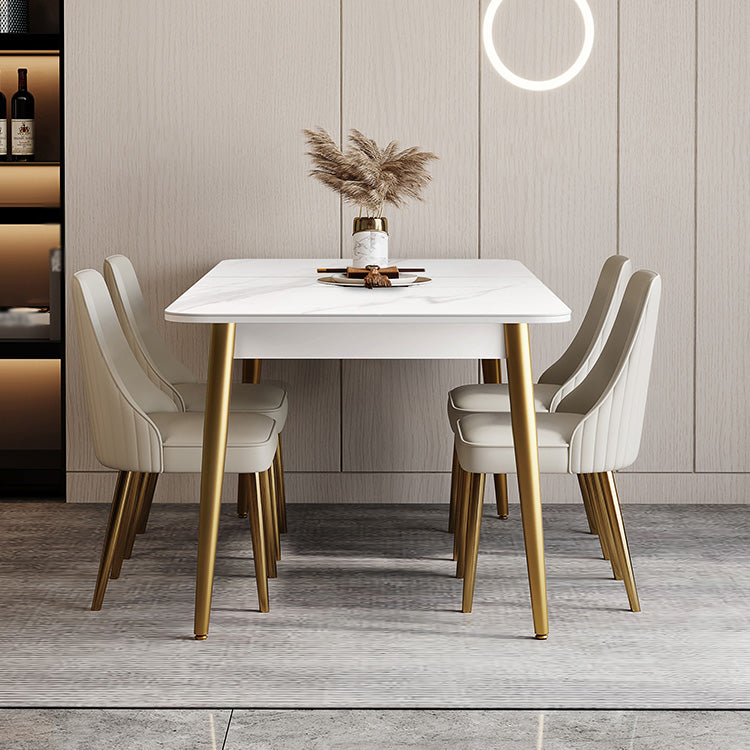 Rectangle Traditional Luxury Dining Table White Sintered Stone Table with 4 Gold Legs
