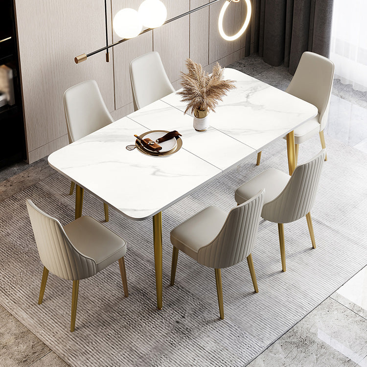 Rectangle Traditional Luxury Dining Table White Sintered Stone Table with 4 Gold Legs