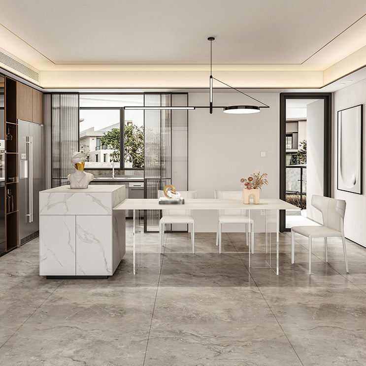 Modern White Dining Table Rectangle Sintered Stone Dining Table with Acrylic Base for Kitchen