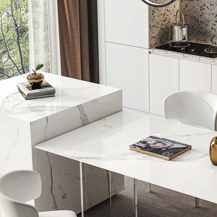 Modern White Dining Table Rectangle Sintered Stone Dining Table with Acrylic Base for Kitchen