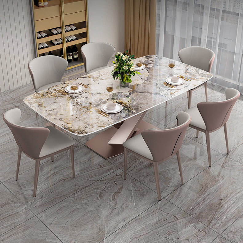 Mesa de comedor de lujo tradicional, mesa de comedor rectangular de piedra sinterizada con base de metal
