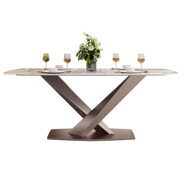 Mesa de comedor de lujo tradicional, mesa de comedor rectangular de piedra sinterizada con base de metal