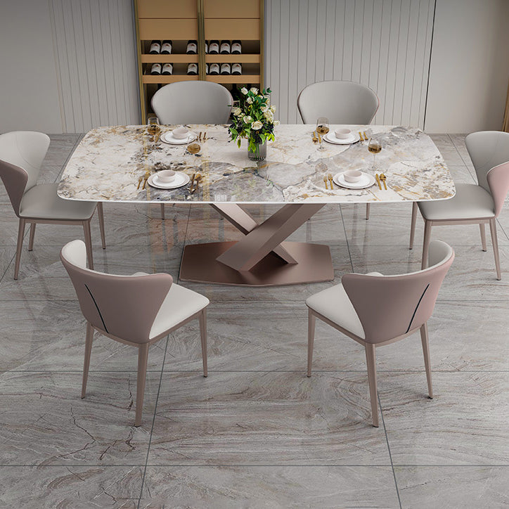 Mesa de comedor de lujo tradicional, mesa de comedor rectangular de piedra sinterizada con base de metal